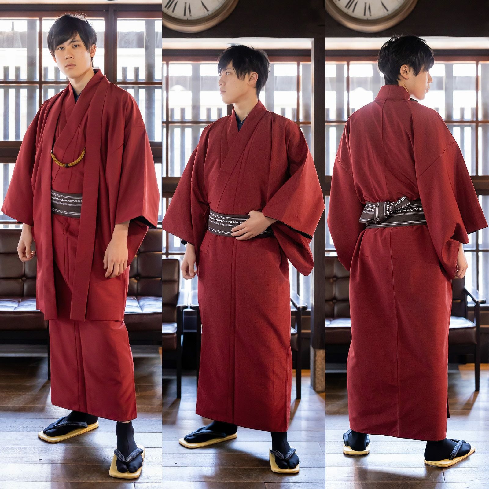 着物 男性 洗える着物 メンズ着物 フルセット「エンジ/ブルー/ネイビー