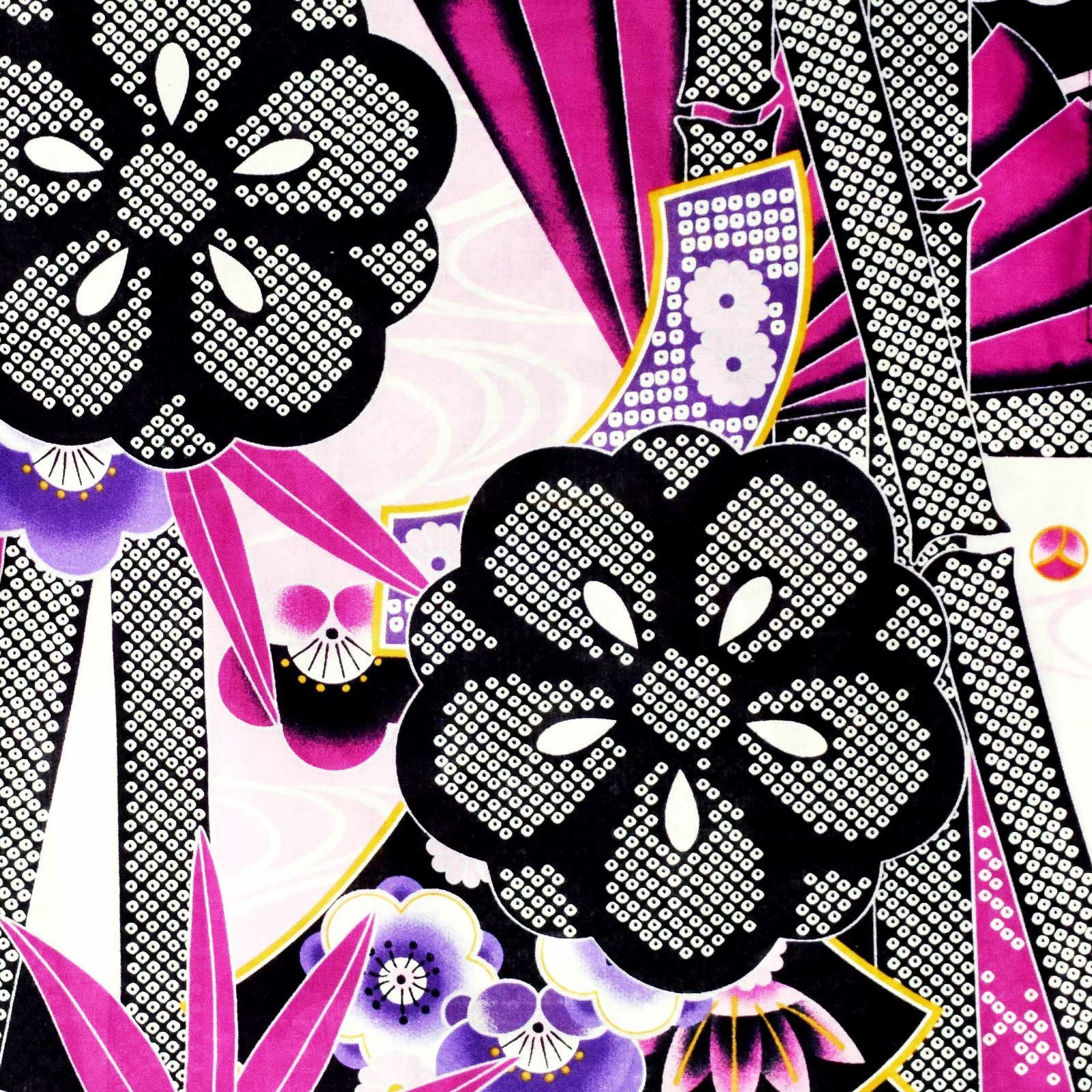 浴衣 レディース 単品 「黒×紫 扇に竹、花紋」 フリーサイズ レトロ