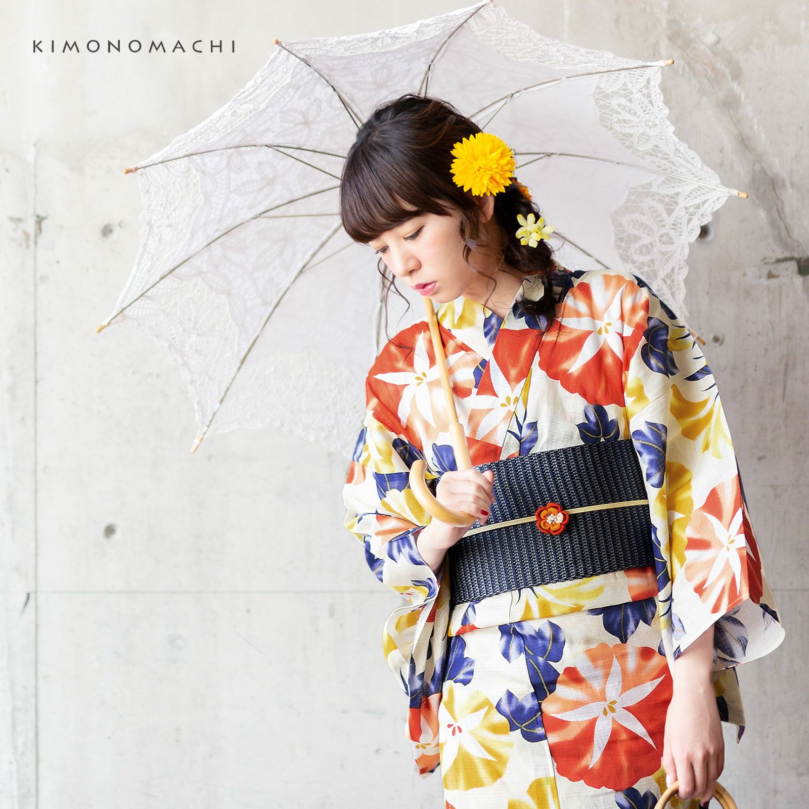 Prices down2】浴衣 レディース 単品 「朝顔 黄と赤」 S F TL LL