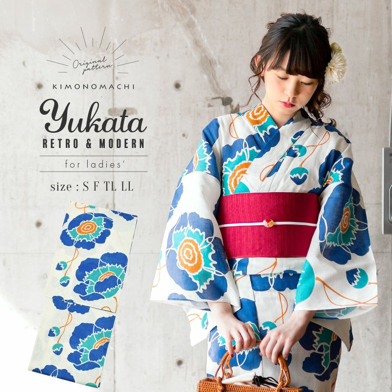 浴衣 レディース 単品 「レトロフラワー　ブルー」 S F TL LL サイズ KIMONOMACHI 京都きもの町 オリジナル レトロ モダン かわいい 大人柄 変わり織り綿 女性浴衣単品 女浴衣 ゆかた yukata