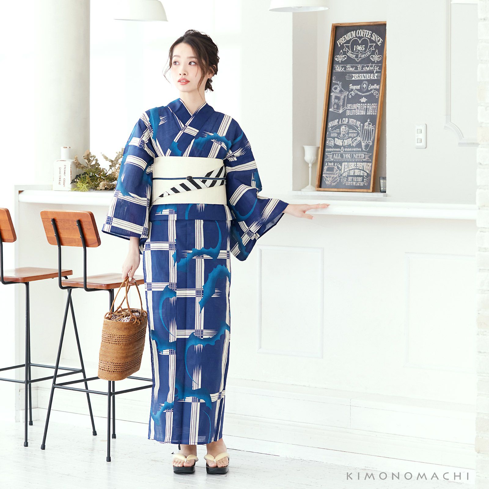 浴衣 レディース 単品 「紺色 格子にコウモリ」 S F TL LL サイズ