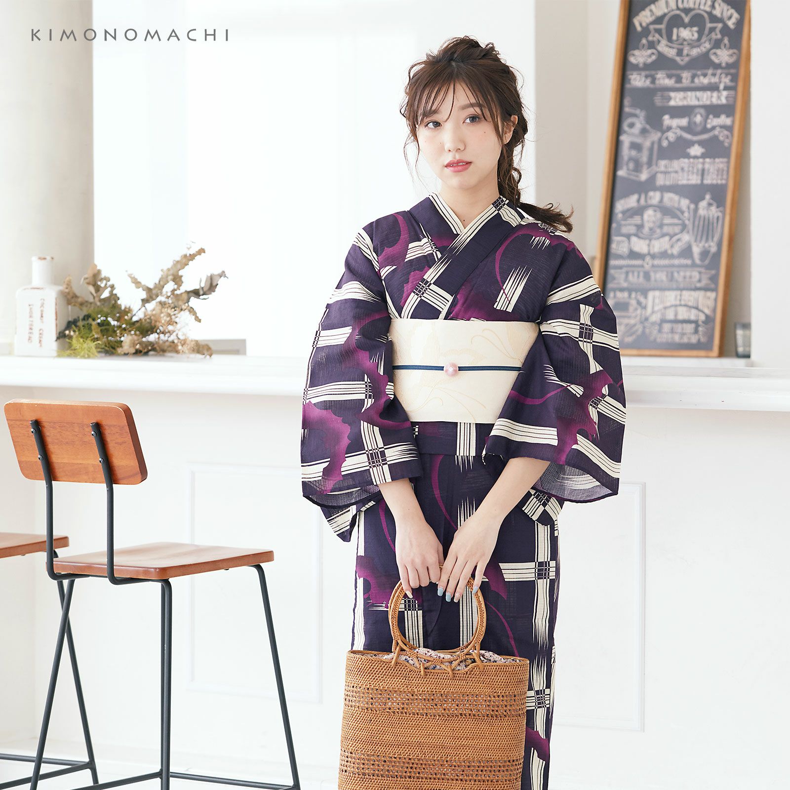 浴衣 レディース 単品 「紫色 格子にコウモリ」 S F TL LL サイズ