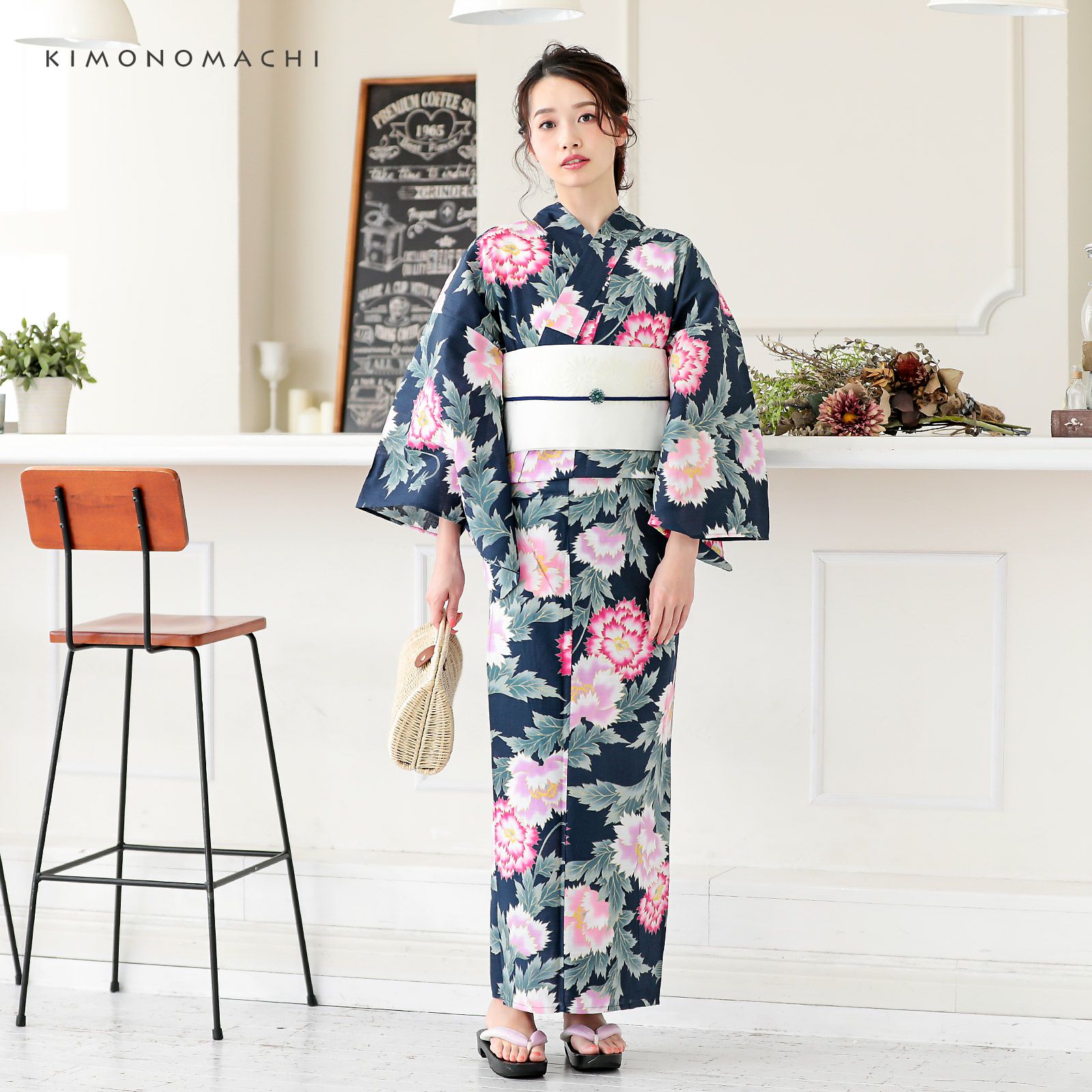 Prices down2】浴衣 レディース 単品 「紺色 芍薬」 S F TL LL サイズ