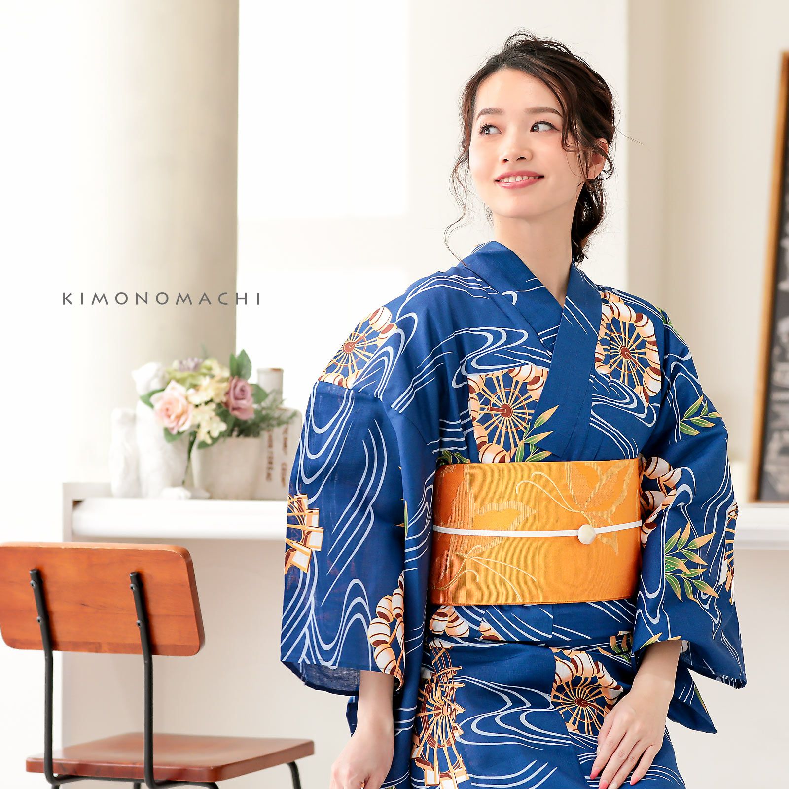 浴衣　夏　単着物　紺色　吸湿速乾　　クール素材　浴衣単品　0715⑥ Prices down2】浴衣 レディース 単品 「紺色 水車」 S F TL LL サイズ
