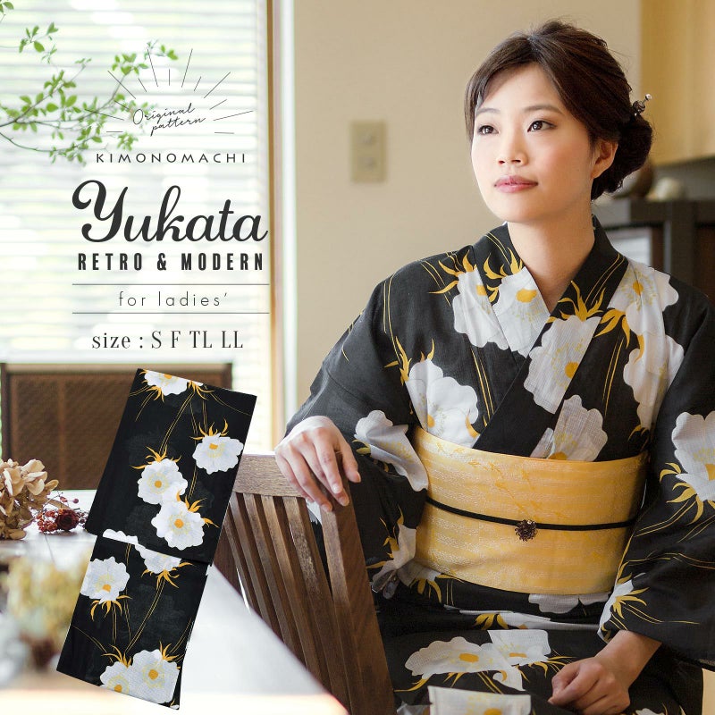 浴衣 レディース 単品 「ブラック ポピー」 S F TL LL サイズ KIMONOMACHI 京都きもの町 オリジナル レトロ モダン かわいい 大人柄 変わり織り綿 女性浴衣単品 女浴衣 ゆかた yukata