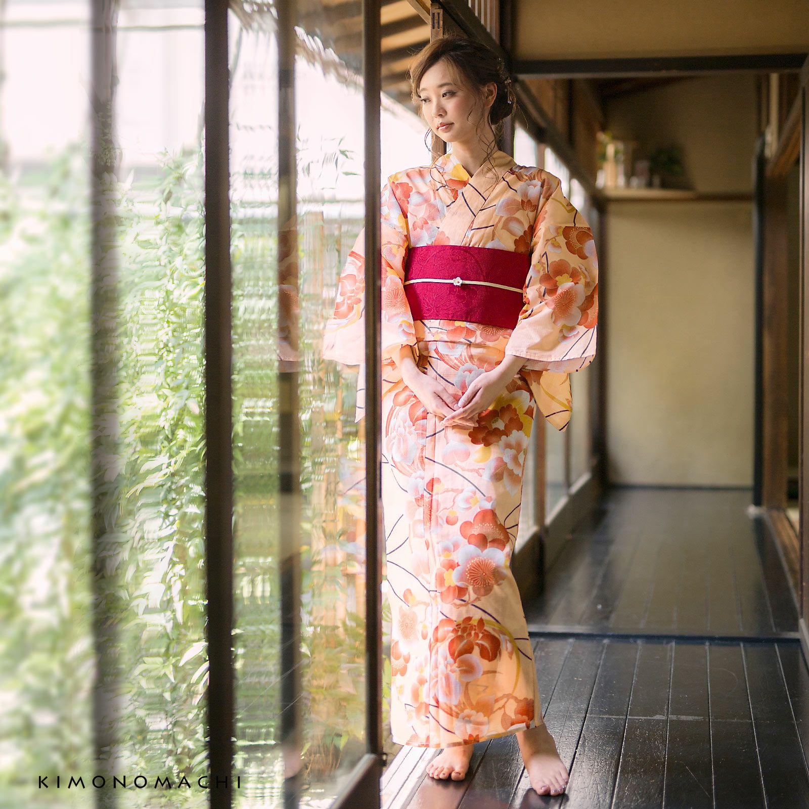 Prices down2】浴衣 レディース 単品 「サーモンピンク 花の丸」 S F