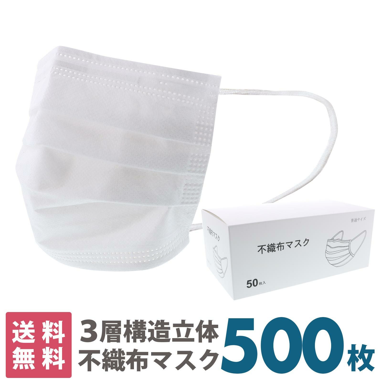 マスク 送料無料 500枚 箱入り 「白マスク 不織布 普通サイズ」 大人用