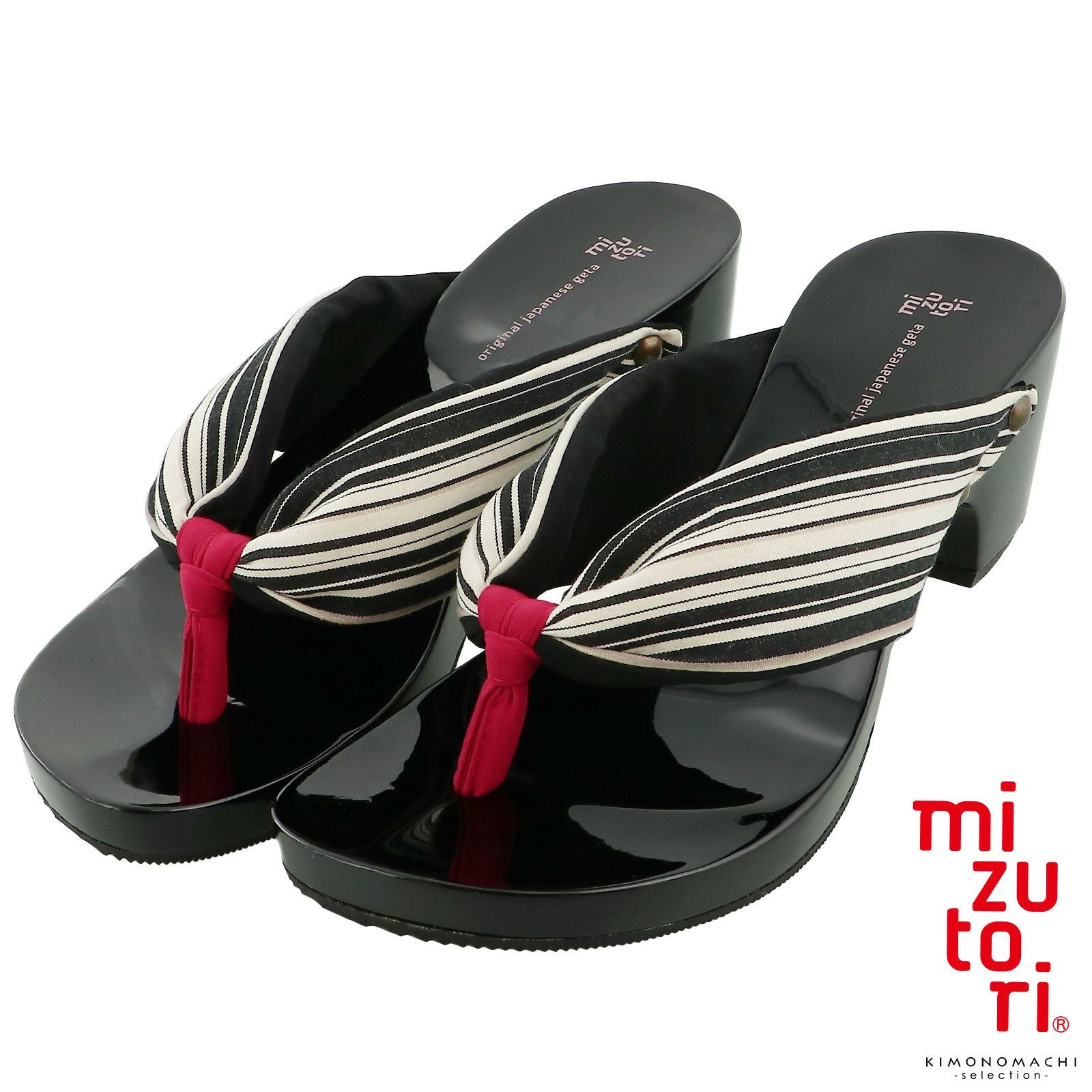 下駄 レディース 「みずとりの下駄 hitete KCB-14-L　無彩／黒・ワイン（小倉 縞縞）」女性下駄単品 日本製 足が痛くなりにくい 履き心地の良い下駄 女下駄 女性 桐下駄 浴衣・夏着物に 浴衣下駄