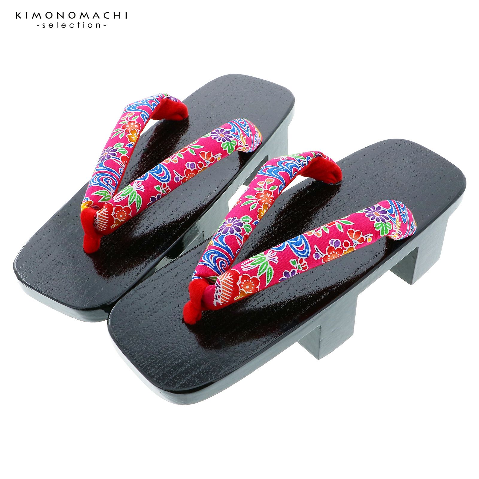 下駄 レディース 二枚歯下駄単品 「黒　ピンク地、紅型調」芳町 女性下駄単品 痛くなりにくい 日本製 女下駄 女性 桐下駄 二本歯 浴衣・夏着物に 浴衣下駄