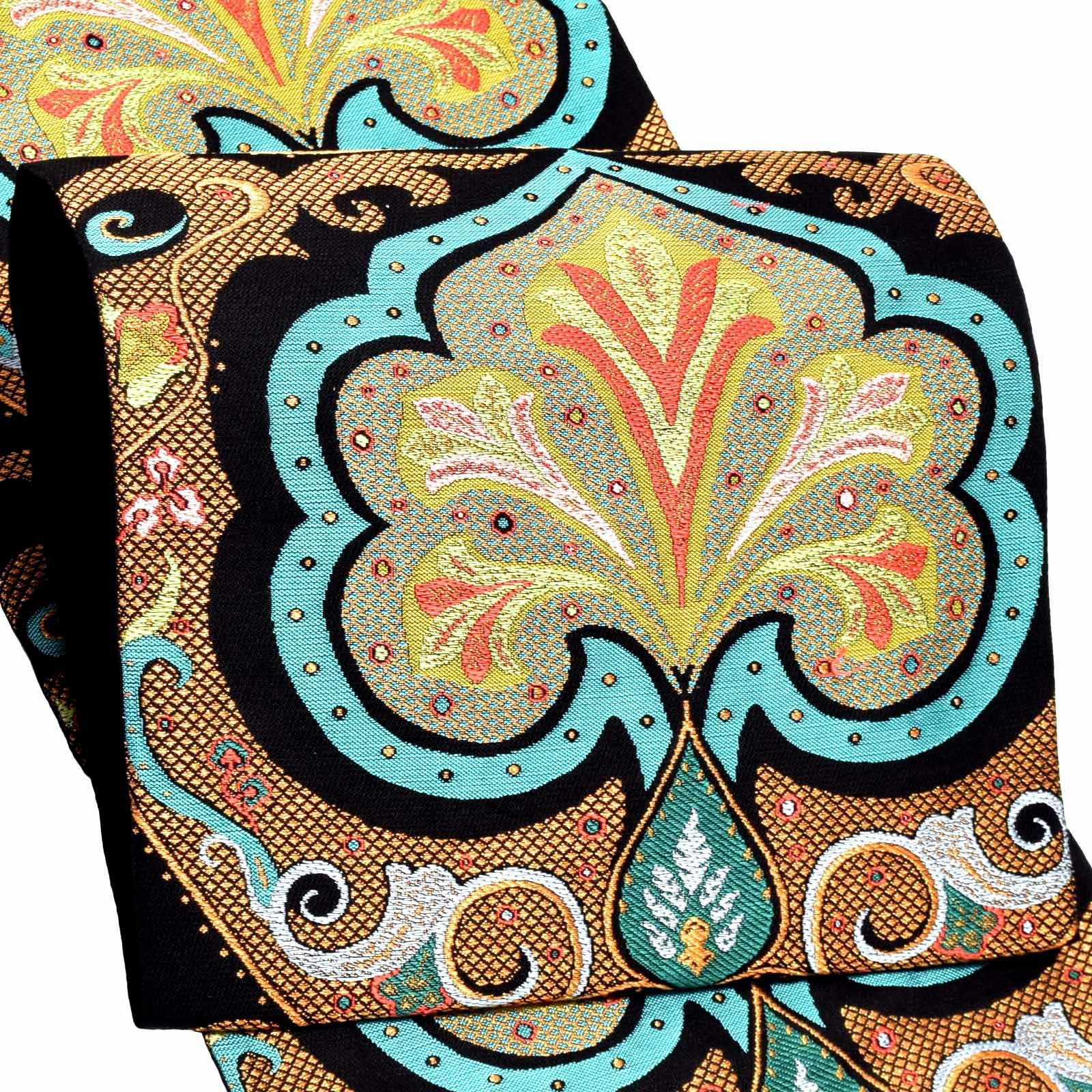 洒落袋帯 「黒地　パシュミナ花文」河崎工房謹製 西陣織証紙番号No.2430 六通柄 日本製 西陣織 絹 未仕立て 訪問着用 色無地用 付下げ用 洒落用袋帯 新品 未使用