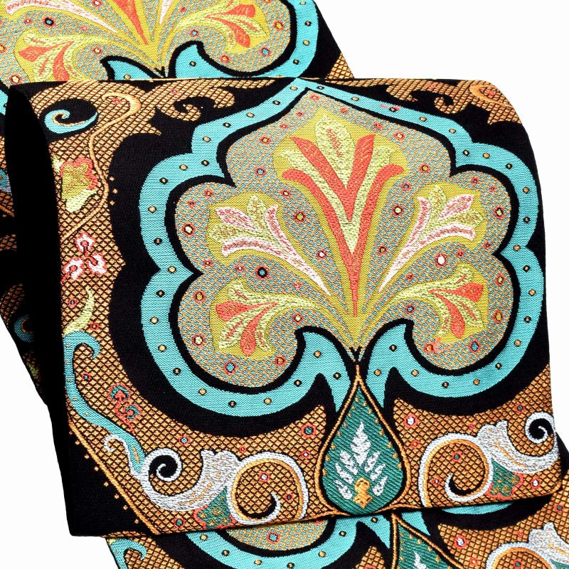 洒落袋帯 「黒地　パシュミナ花文」河崎工房謹製 西陣織証紙番号No.2430 六通柄 日本製 西陣織 絹 未仕立て 訪問着用 色無地用 付下げ用 洒落用袋帯 新品 未使用