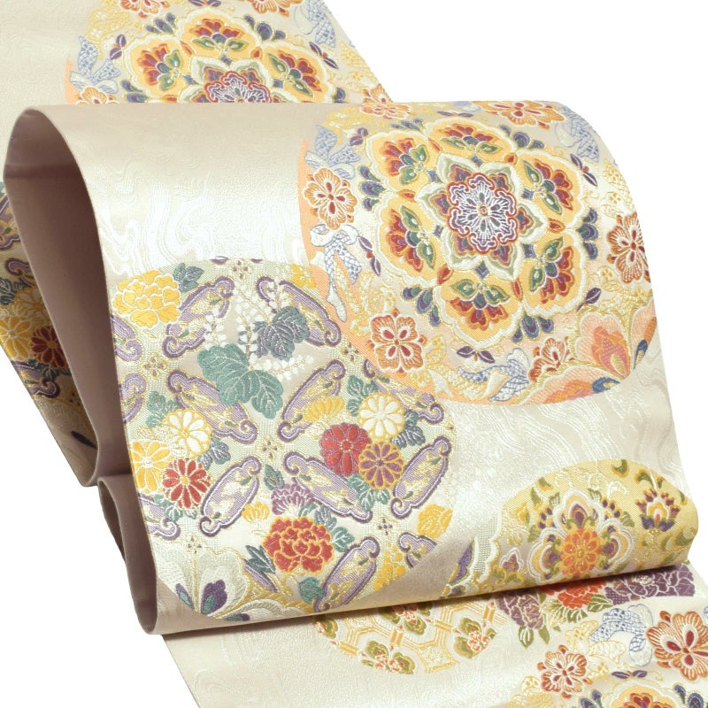 袋帯 フォーマル 礼装袋帯 「シルバー 貝合わせに華紋 リボン」 とみや織物（株）謹製 西陣織証紙番号No.308 六通柄 日本製 西陣織 絹 未仕立て 黒留袖用 訪問着用 色留袖用 礼装用袋帯 新品 未使用