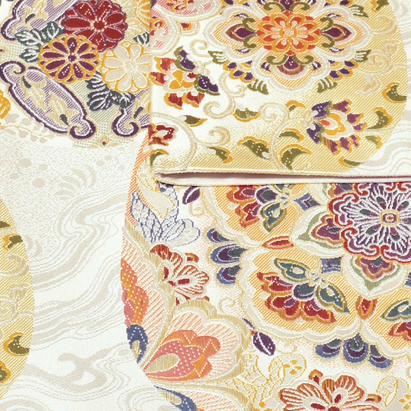 5r28 名古屋帯　西陣織　とみや　駒刺繍　紫　銀色　金色　柄物　和装　着物 5r28 名古屋帯 西陣織 とみや 駒刺繍 紫 銀色 金色 柄物 和装 着物