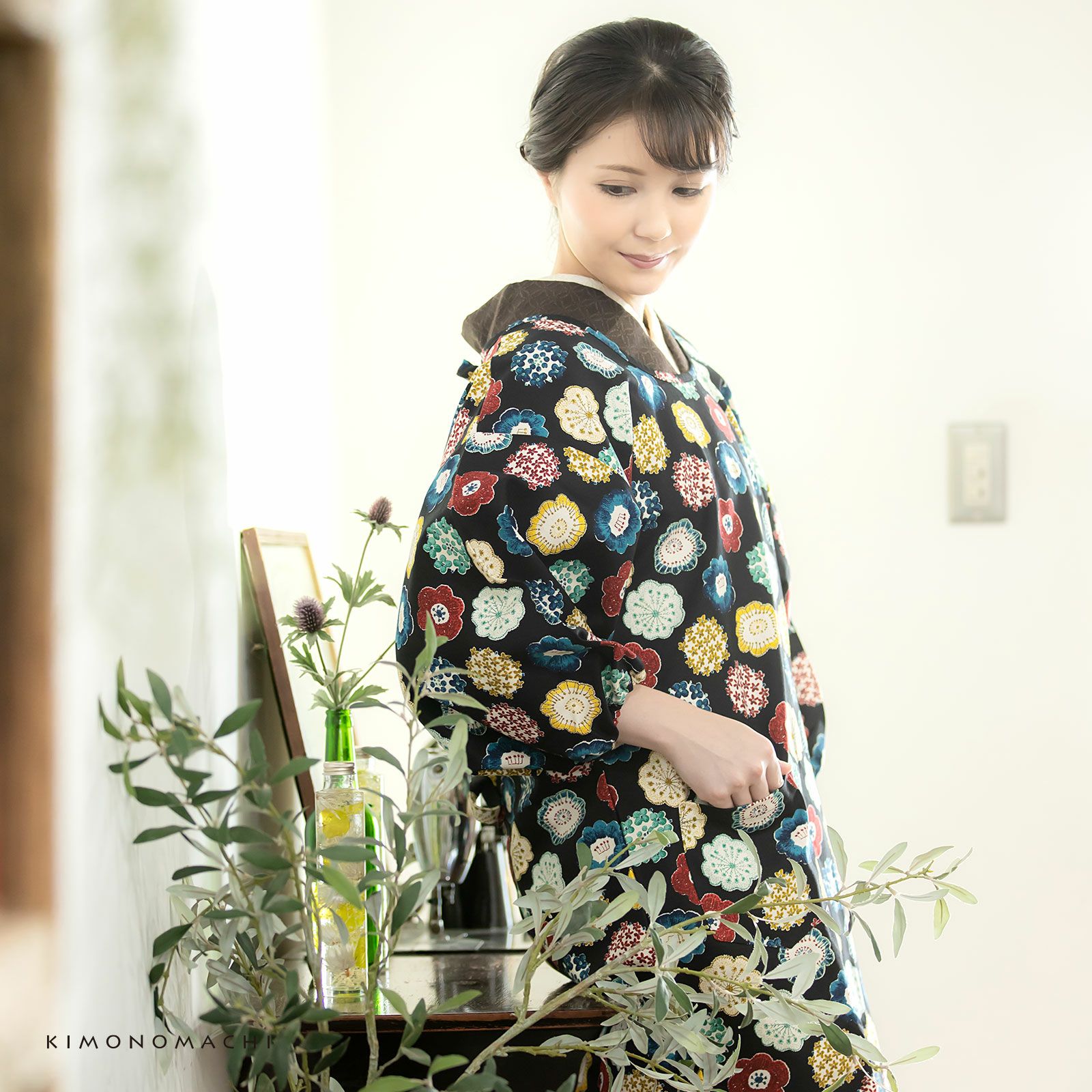 ロング丈 割烹着「編み物風」実用的 日本製 オシャレ かわいい 綿割烹