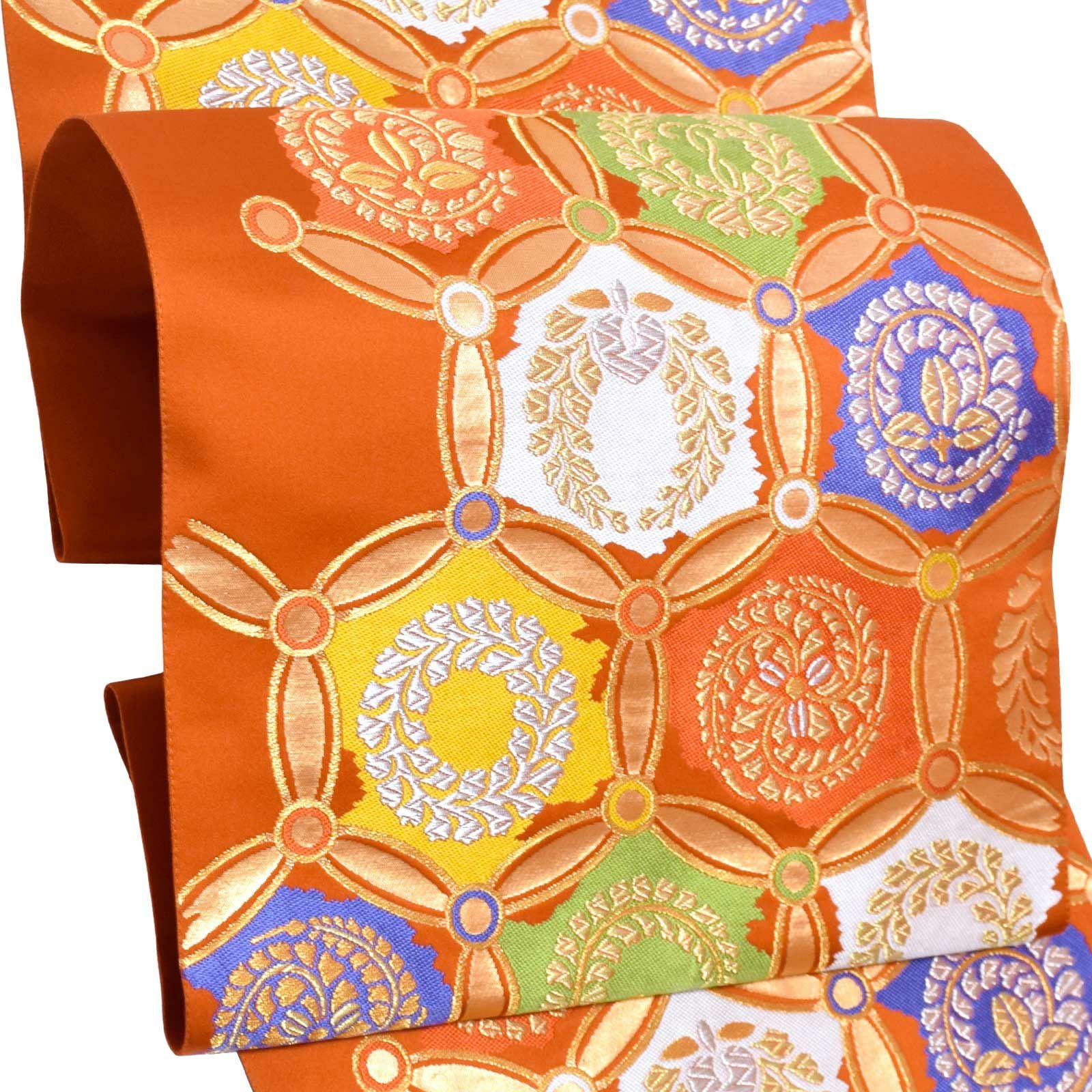 Prices down4】振袖 帯 振袖用袋帯 「朱色地 輪繋ぎに藤紋」となみ織物