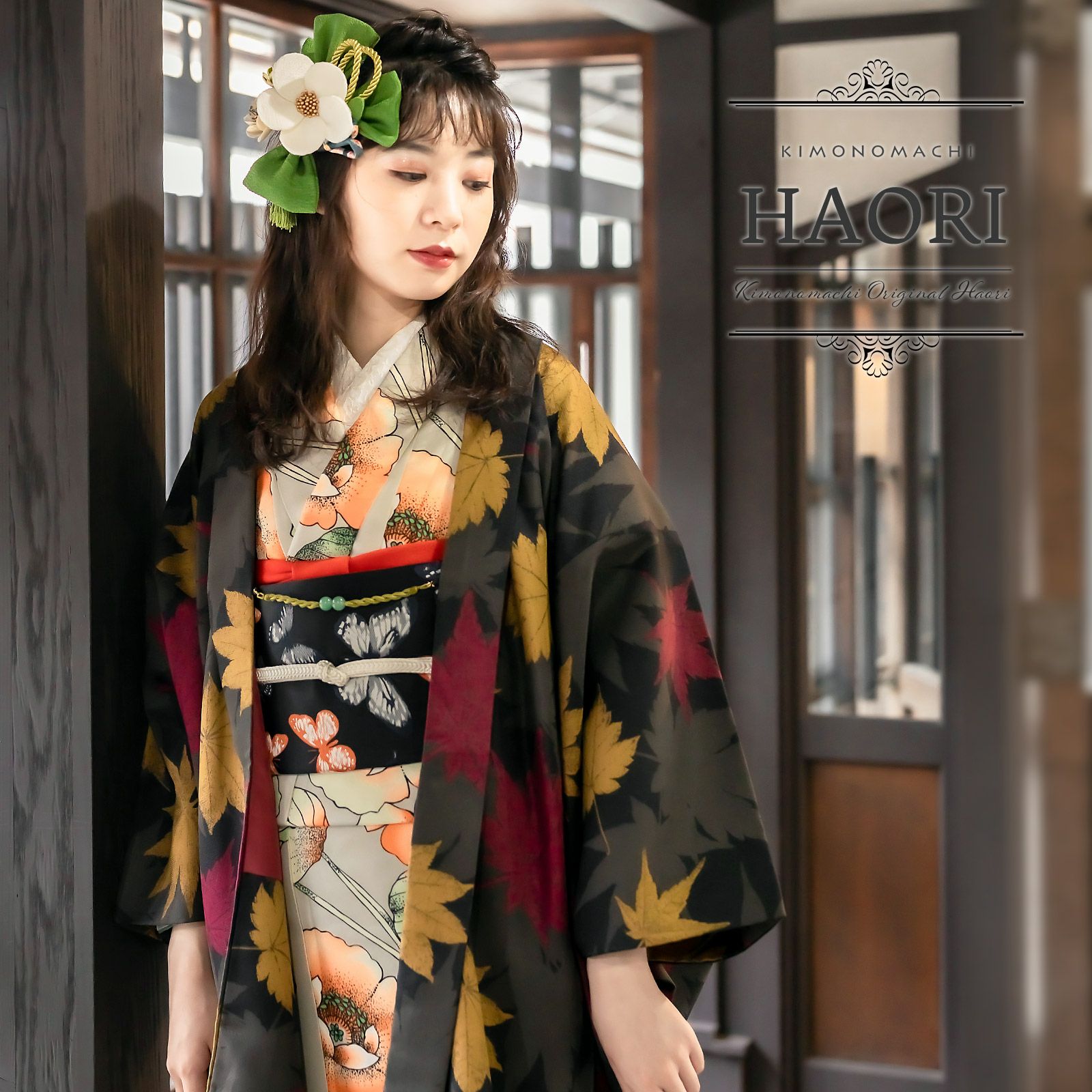 羽織　市松地紋　建物　風景模様　楓　黒地　着物　023tz 羽織 単品 KIMONOMACHI オリジナル 「楓 こげ茶」 ポリエステル 洗える