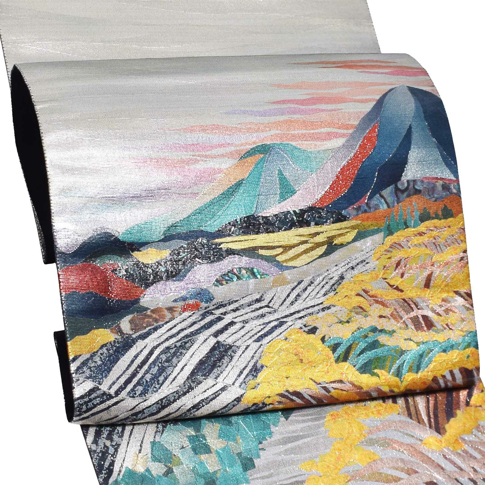 袋帯 礼装用袋帯 貴秀螺鈿 「螺鈿　シルバー　山水に風景文様」 お洒落着用 日本製 西陣織 絹 未仕立て 新品 未使用