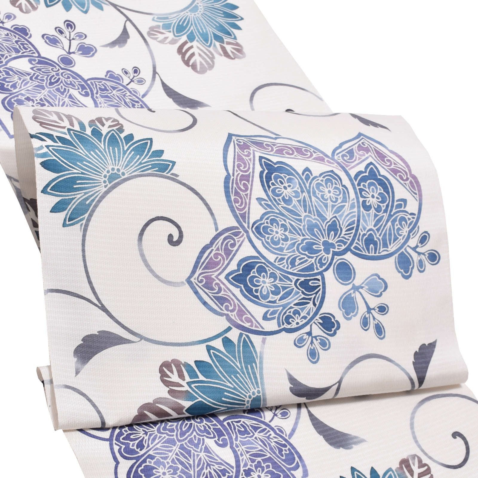 大島染め名古屋帯 「白地　薄藍に桐と菊」 本場大島紬 正絹帯 九寸帯 正絹名古屋帯 日本製 絹 未仕立て 新品 未使用