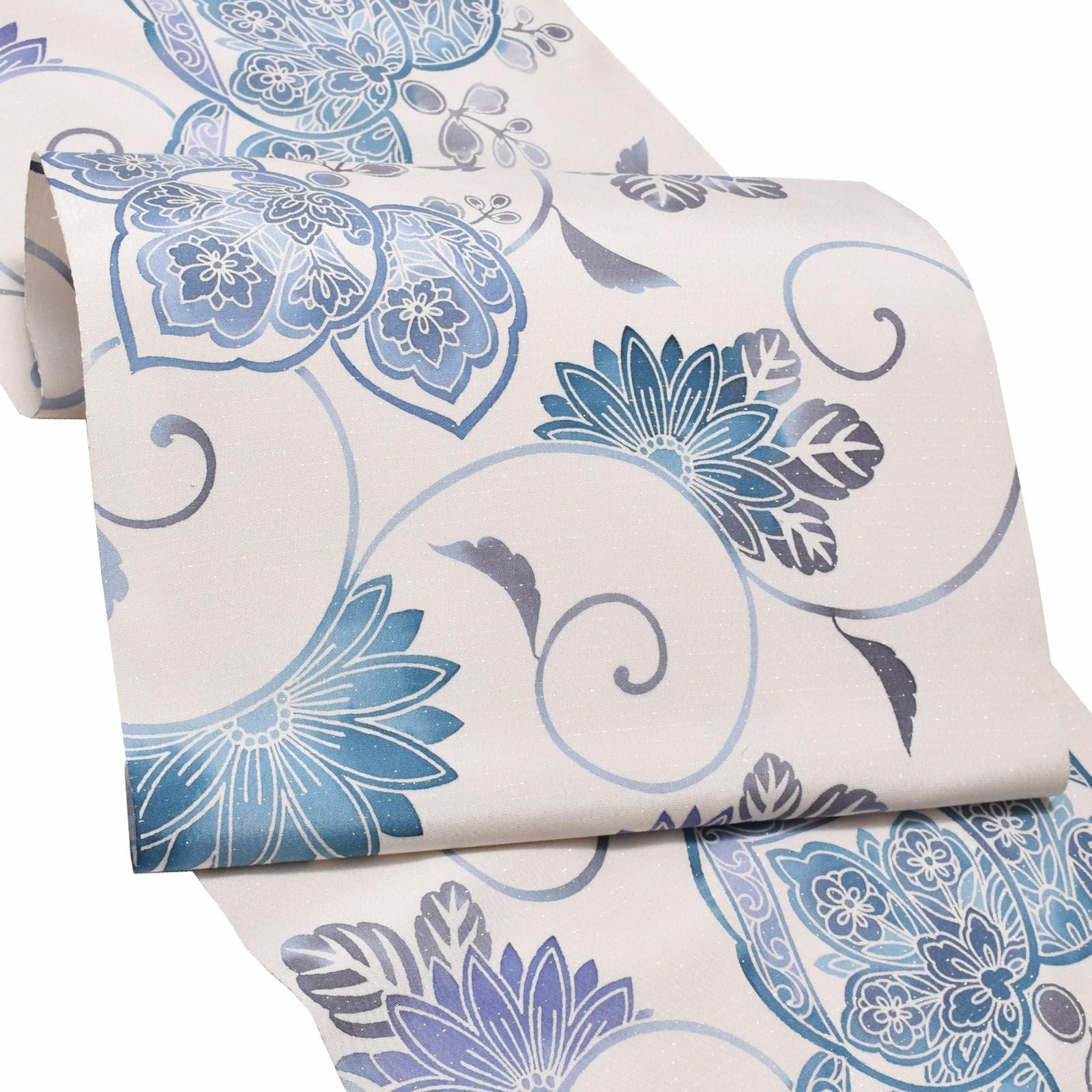 Prices down2】大島染め名古屋帯 「白鼠地 薄藍に桐と菊」 本場大島紬