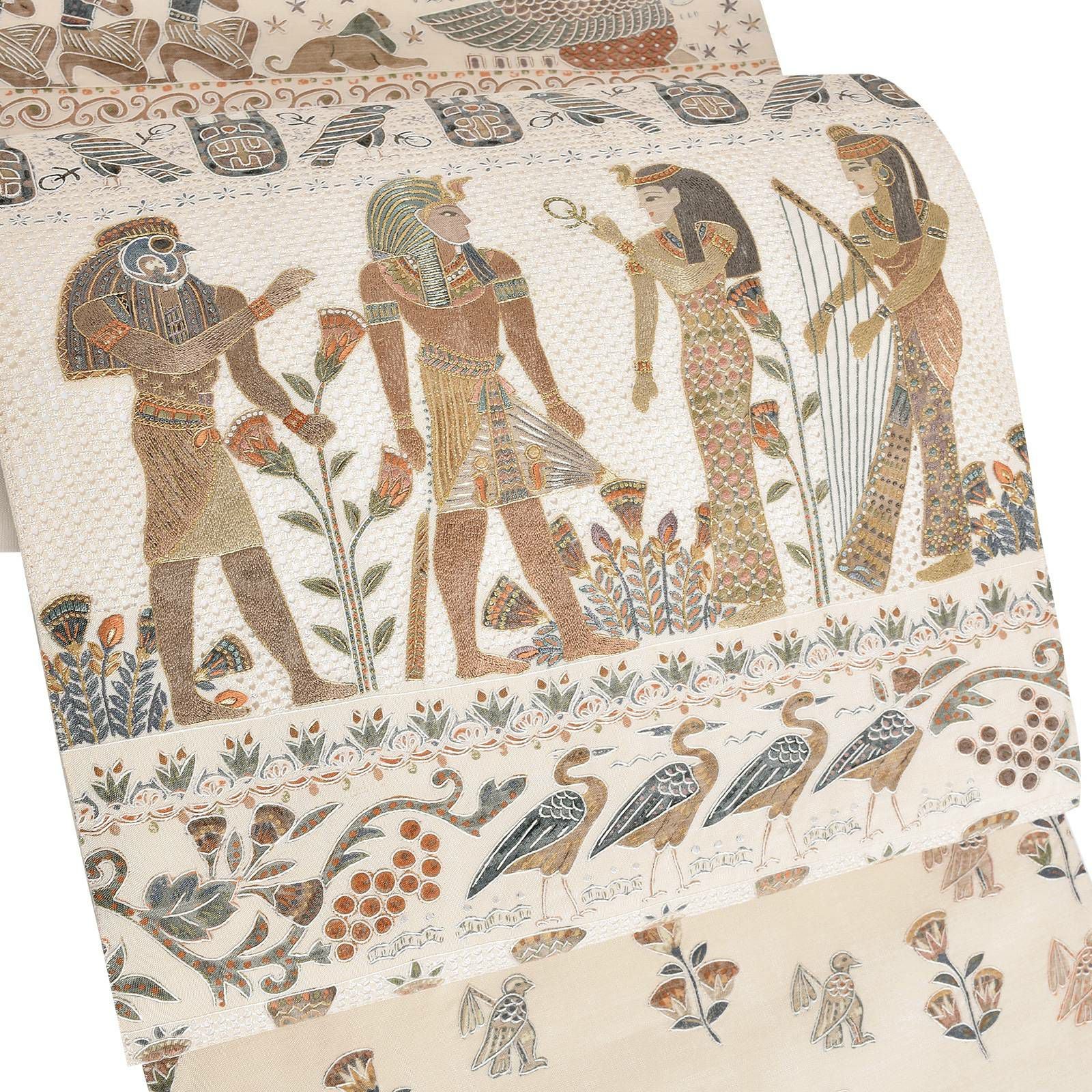 【新古品】「クリーム地　汕頭刺繍エスニック柄　古代エジプト壁画」仕立て上がり 長尺 袋帯 汕頭刺繍 洒落帯 白 ベージュ エスニック柄 エジプト壁画 象形 二重太鼓OK 正絹