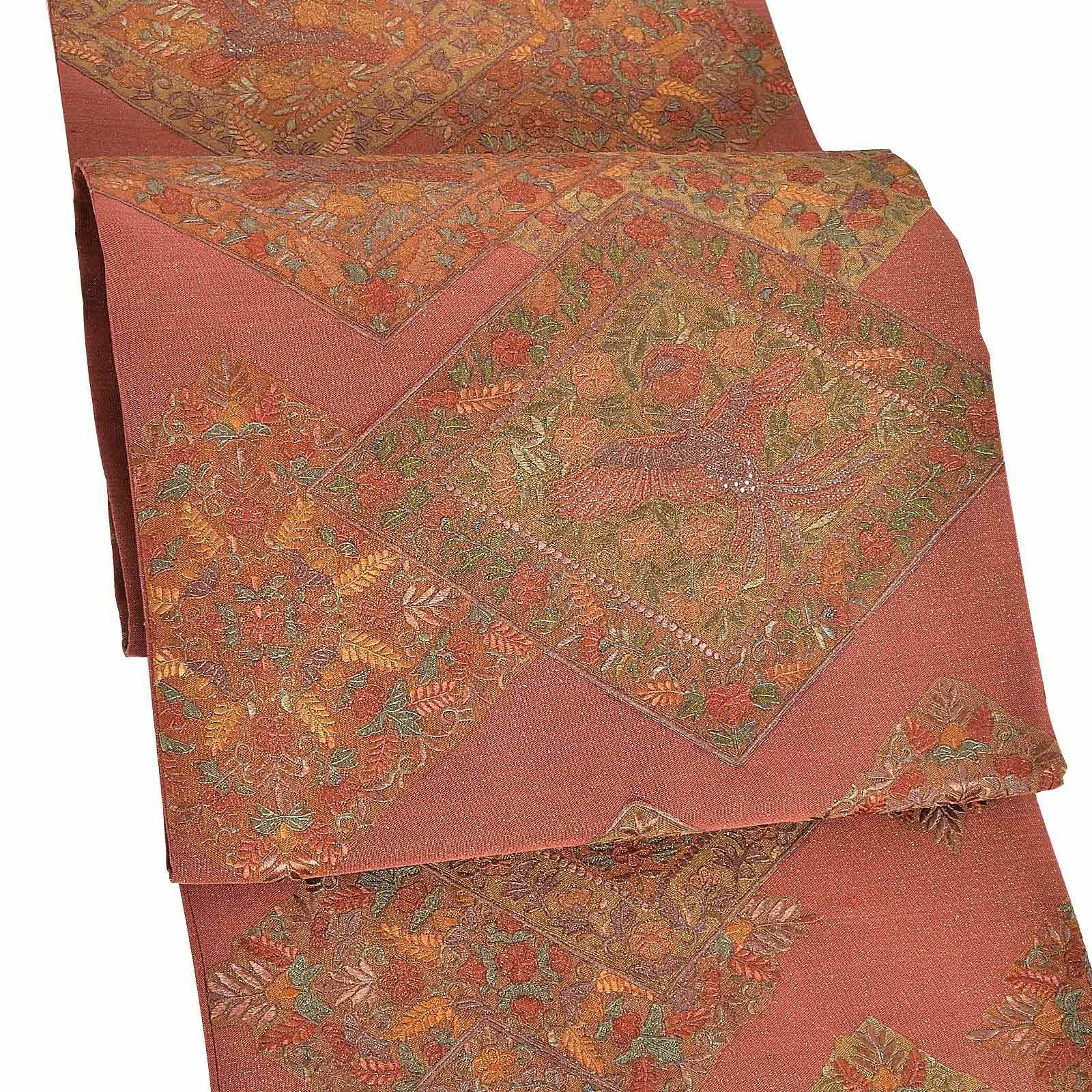 【新古品】「臙脂色　菱に草花と鳳凰」仕立て上がり 長尺 袋帯 汕頭刺繍 赤茶 金糸入り 花鳥 美品 正絹