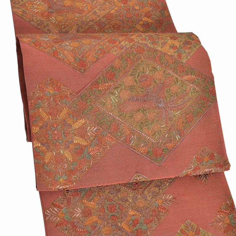【新古品】「臙脂色　菱に草花と鳳凰」仕立て上がり 長尺 袋帯 汕頭刺繍 赤茶 金糸入り 花鳥 美品 正絹