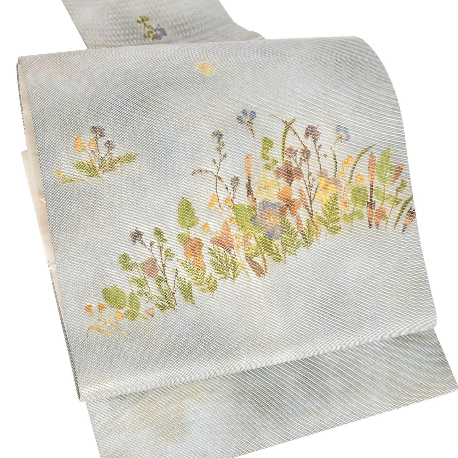 【新古品】「グレー　押し花　花香織」仕立て上がり 名古屋帯 九寸帯 お太鼓 正絹