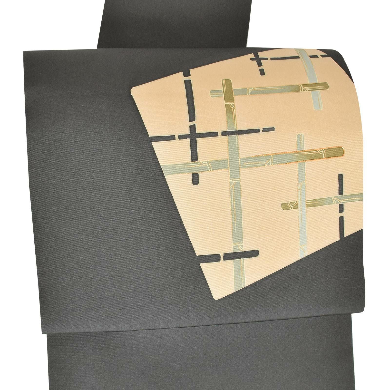 【新古品】「墨色　四角取りに竹格子」仕立て上がり 名古屋帯 九寸帯 お太鼓 正絹