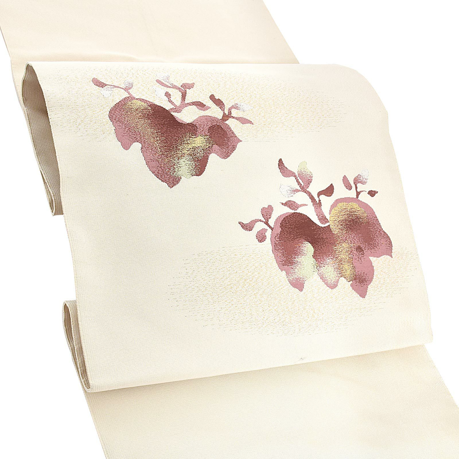 【中古品】「クリーム地　蔦　金暈し」仕立て上がり 名古屋帯 九寸帯 お太鼓 正絹