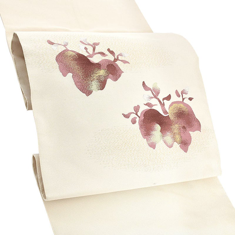 【中古品】「クリーム地　蔦　金暈し」仕立て上がり 名古屋帯 九寸帯 お太鼓 正絹