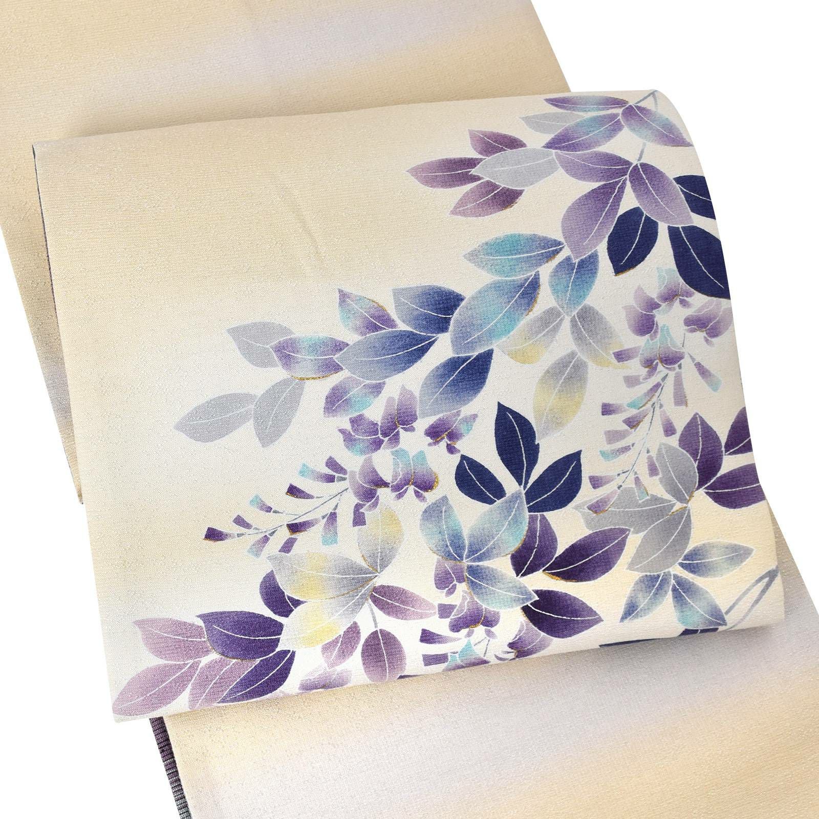 【新古品】「クリーム地　段暈し　藤風の花」仕立て上がり 長尺 染め帯 袋帯 クリーム色 白 ぼかし 二重太鼓 京友禅 美品