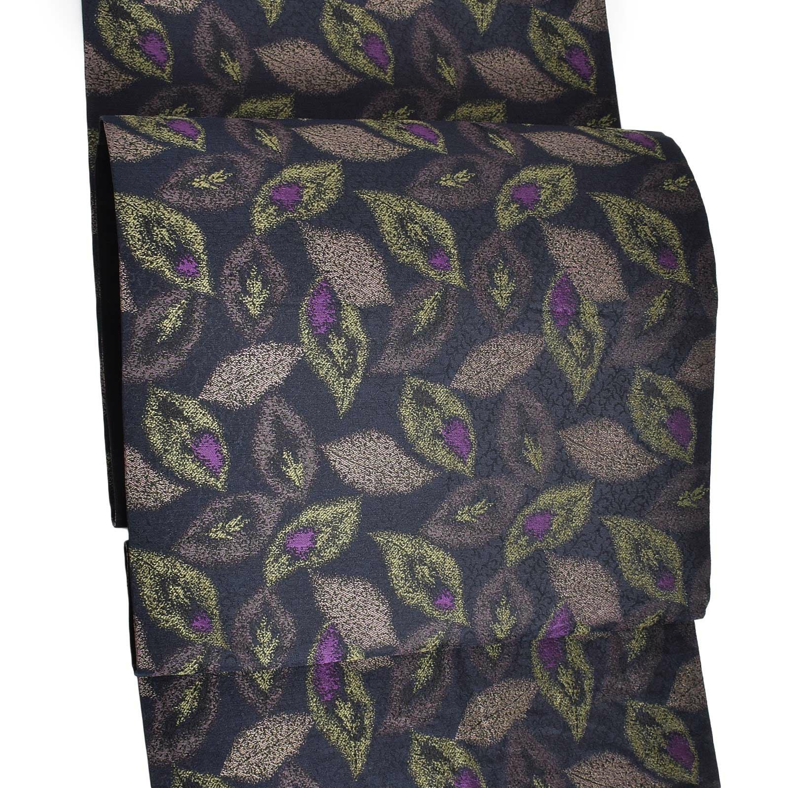 【新古品】「鉄紺地　唐草地模様　牡丹鼠 黄緑 紫の葉散らし」仕立て上がり 袋帯 全通柄 正絹