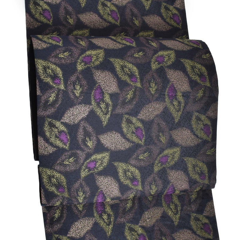 【新古品】「鉄紺地　唐草地模様　牡丹鼠 黄緑 紫の葉散らし」仕立て上がり 袋帯 全通柄 正絹