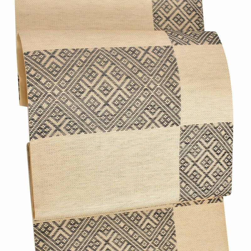 【新古品】「生成り地　市松取り　墨色幾何学」仕立て上がり 袋帯 全通柄 正絹