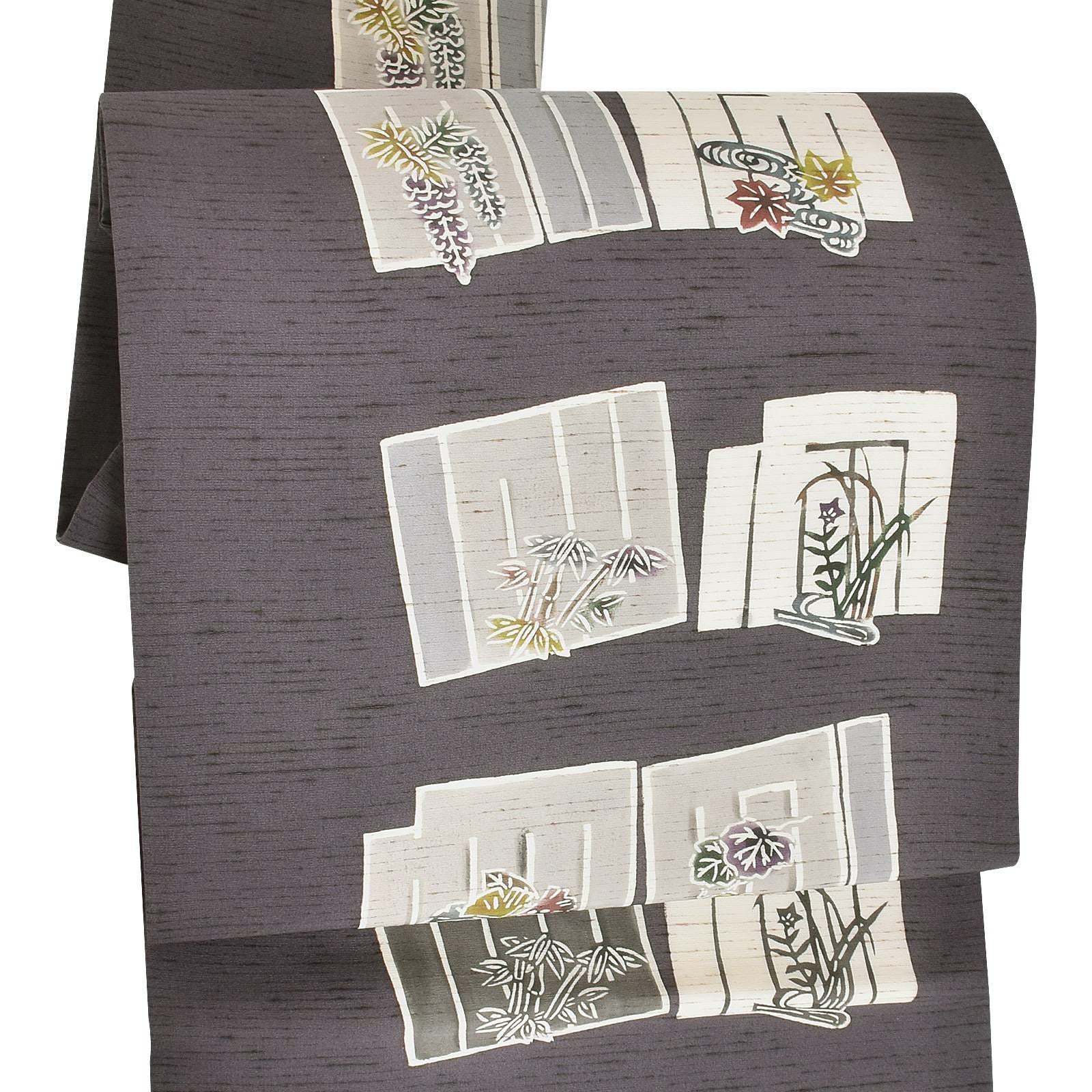 【新古品】「チャコールグレイ　源氏香に草花　京紅型」仕立て上がり 名古屋帯 九寸帯 お太鼓 正絹