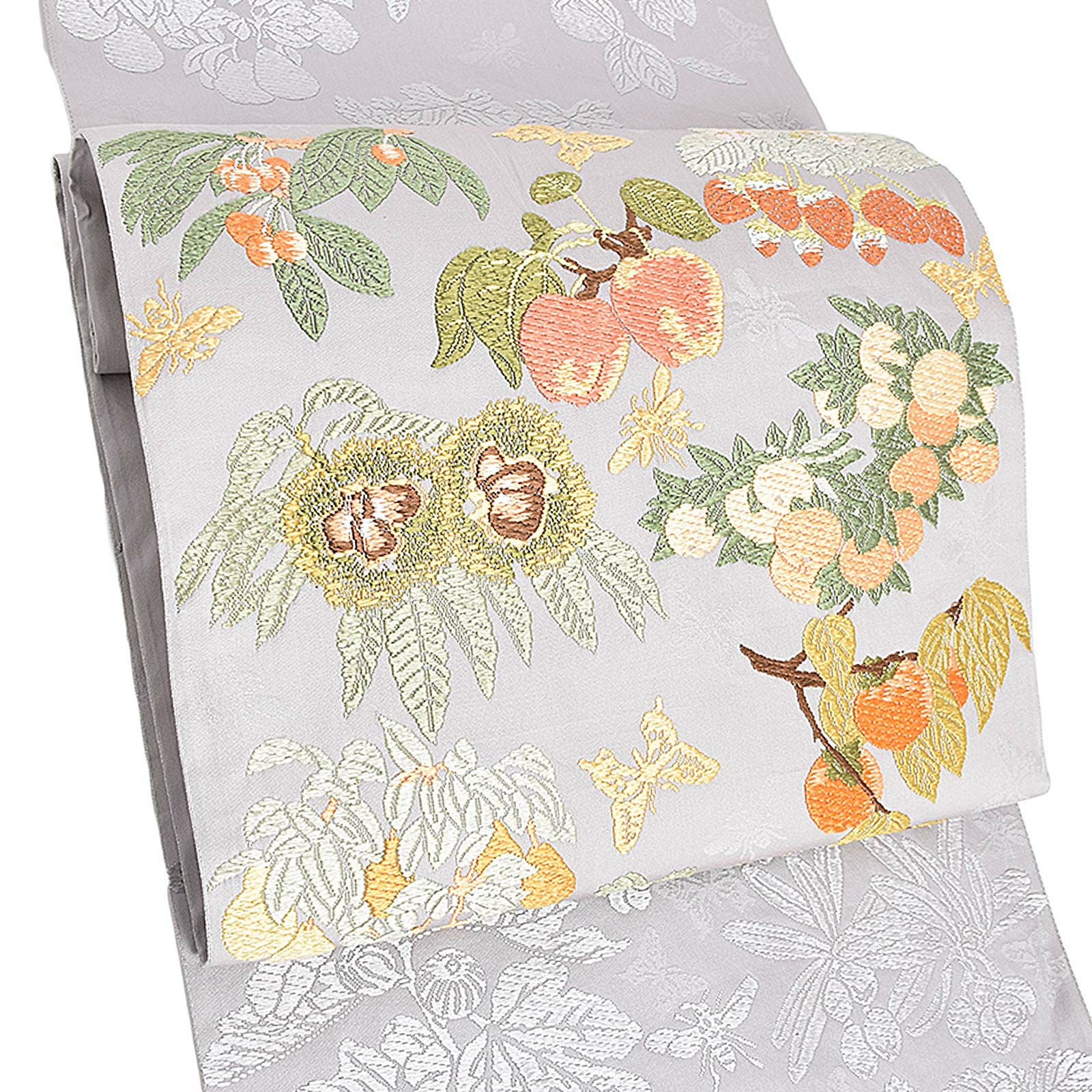 【中古品】「四季果実文」山口美術織物謹製 仕立て上がり 袋帯 洒落帯 正絹