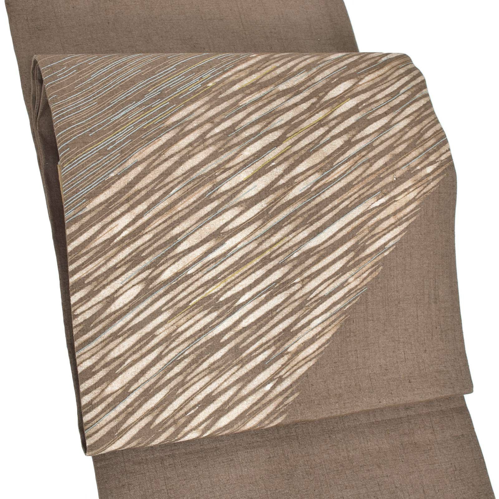 【新古品】「黄枯茶　モダン　閃光　斜め文様」仕立て上がり 袋帯 お太鼓柄 正絹