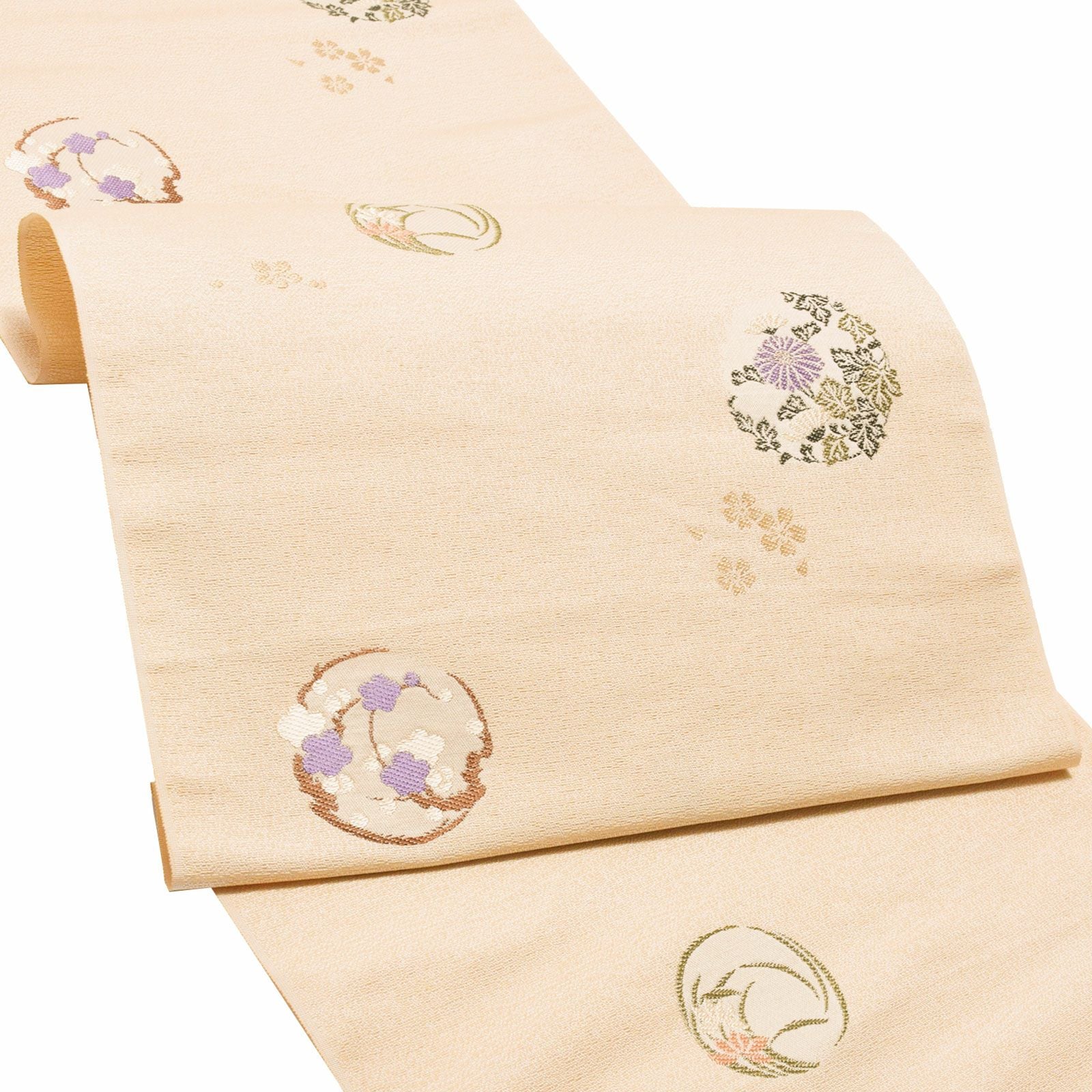 Prices down2】未仕立て名古屋帯 「ベージュ 四季花の丸文」 正絹帯 九