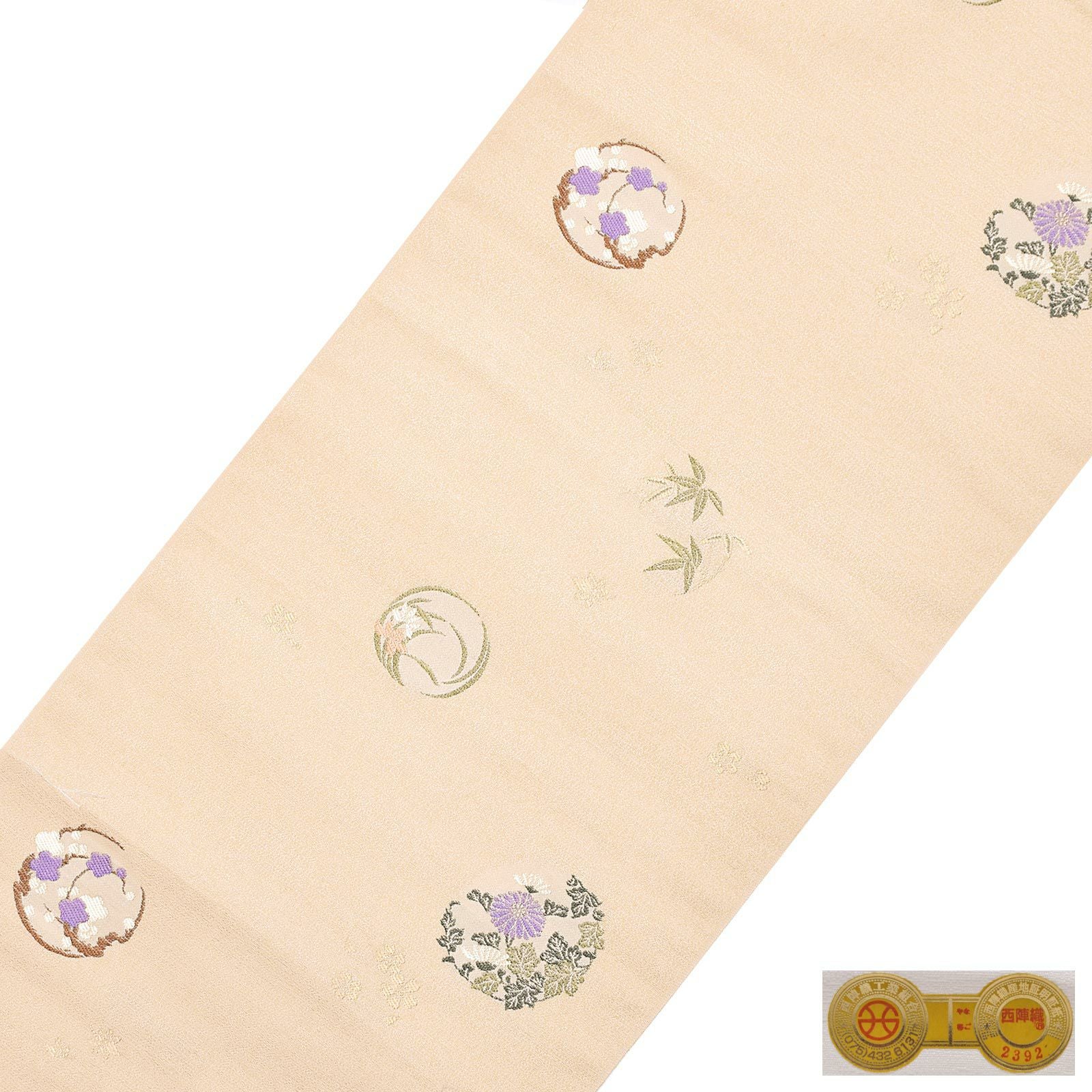Prices down2】未仕立て名古屋帯 「ベージュ 四季花の丸文」 正絹帯 九