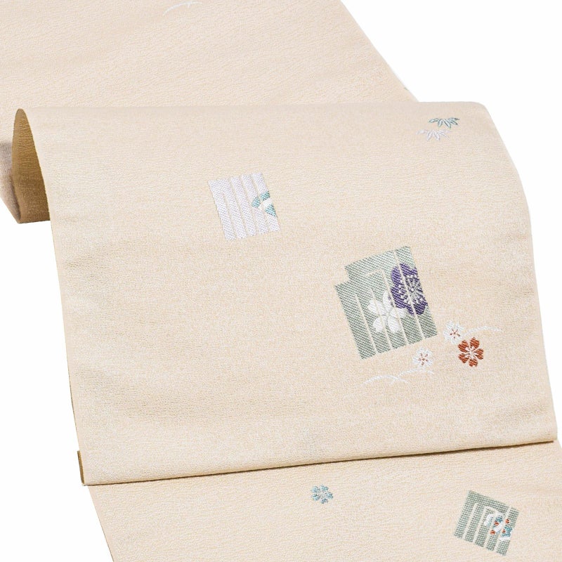 未仕立て名古屋帯 「ベージュ　源氏香文に四季花」 正絹帯 九寸帯 洒落帯 お洒落着用 西陣織 アイボリー 正絹名古屋帯 日本製 絹 未仕立て 新品 未使用 京ロマン