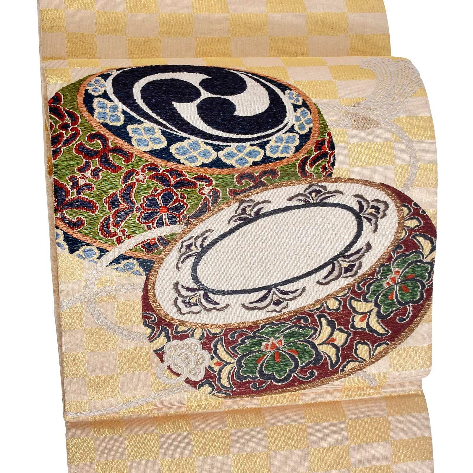 【新古品】「ゴールド　市松に太鼓」仕立て上がり 袋帯 お太鼓柄 礼装用