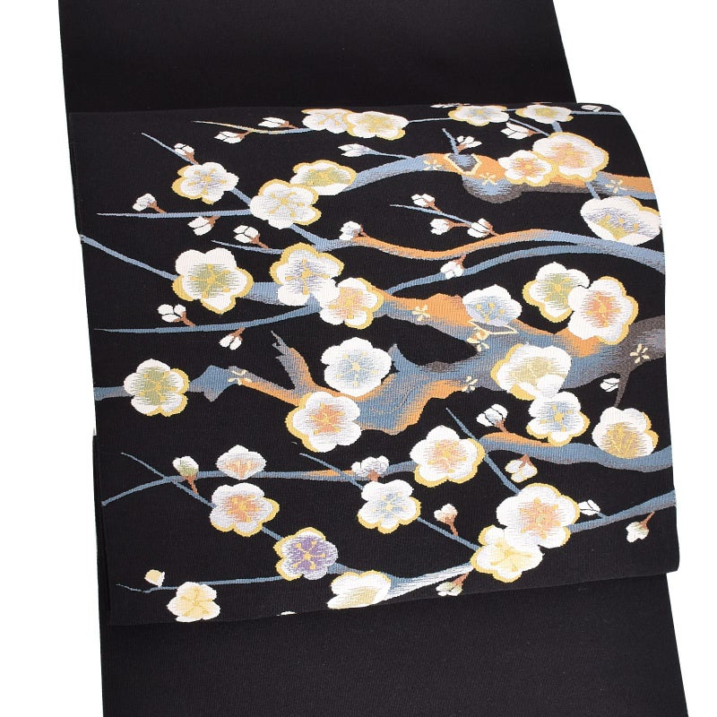 【新古品】「黒地　白梅」仕立て上がり 名古屋帯 九寸帯 お太鼓柄 松葉仕立て
