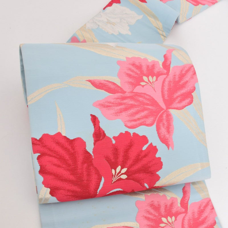 【中古品】「水色　花」アンティーク 八寸名古屋帯 正絹