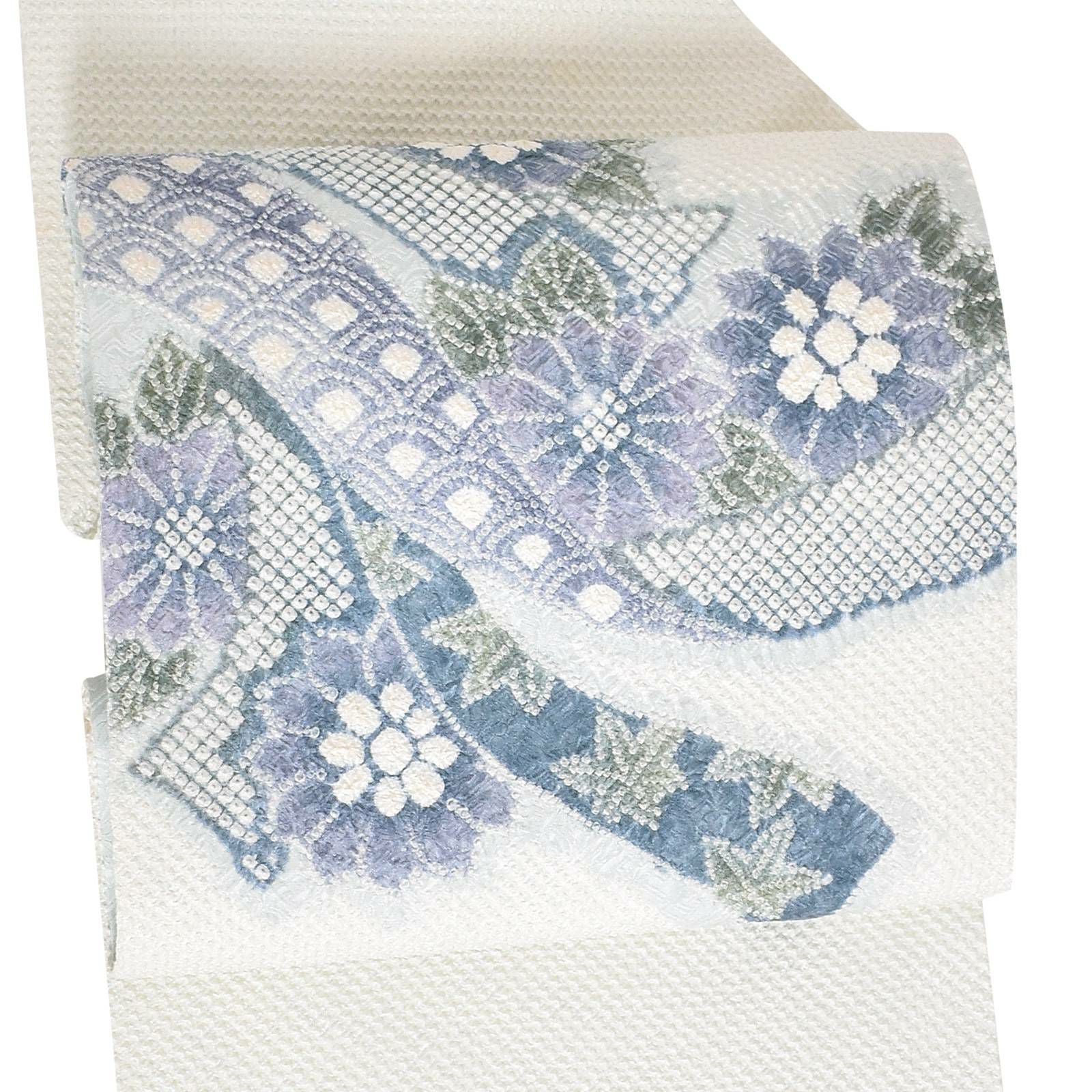 【新古品】「白地　総絞り　花に蔓帯」仕立て上がり 名古屋帯 総絞り お太鼓柄