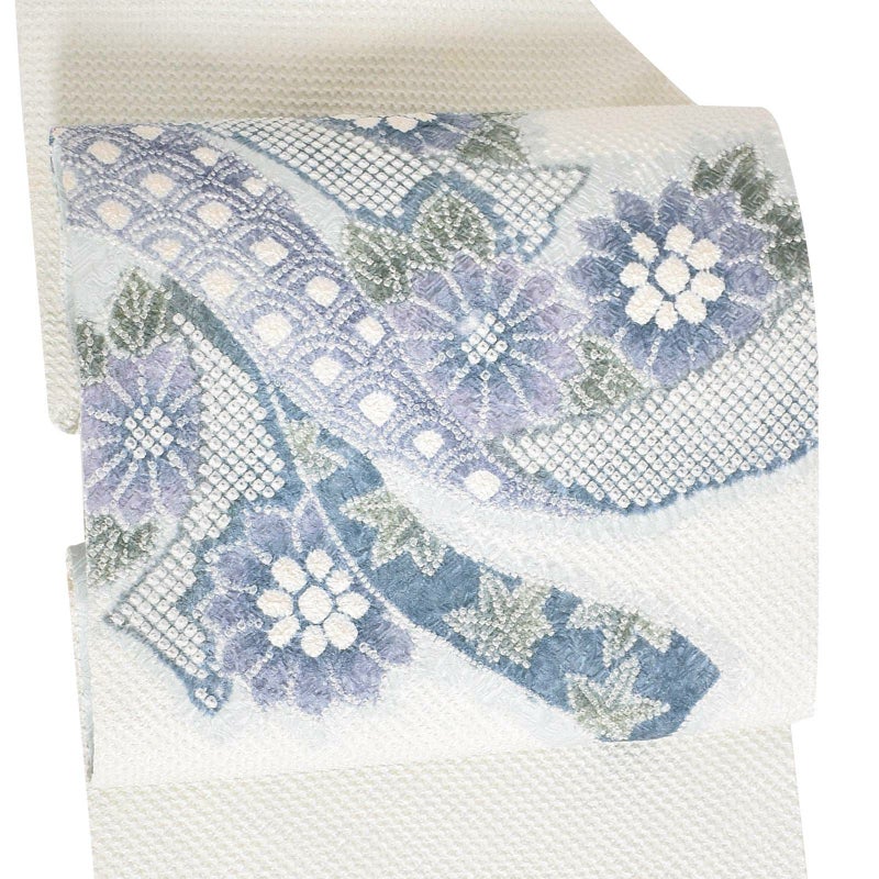 【新古品】「白地　総絞り　花に蔓帯」仕立て上がり 名古屋帯 総絞り お太鼓柄