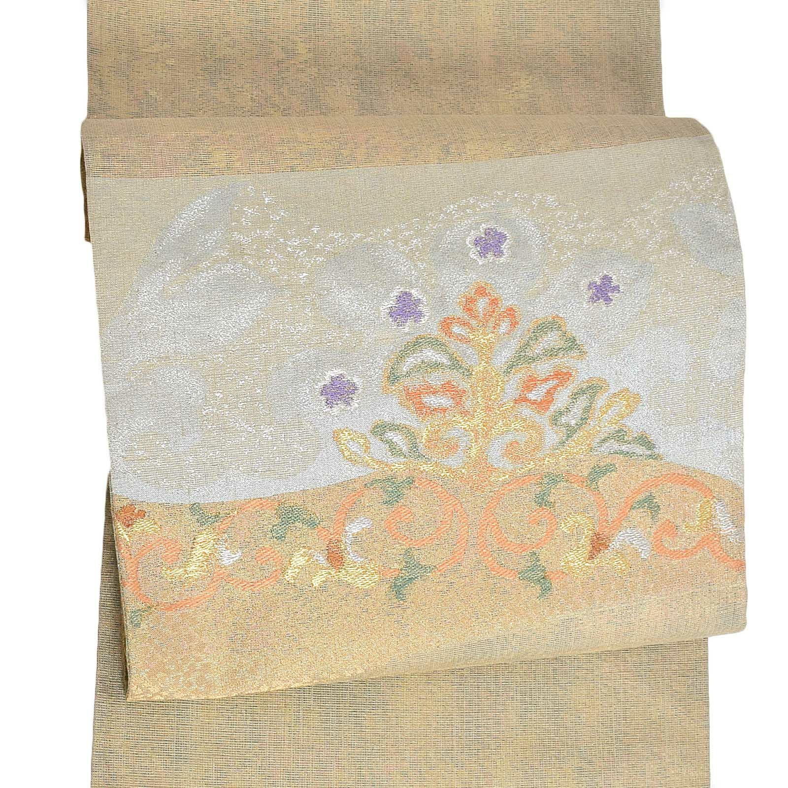 袋帯 中古 リサイクル 正絹 フォーマル 仕立て上がり 六通 綴れ唐織 鱗文 植物文様 桜 橘 楊梅色 多色 金 きもの北條 A971-15 袋帯 中古 リサイクル 正絹 フォーマル 仕立て上がり 六通 綴れ唐織 鱗