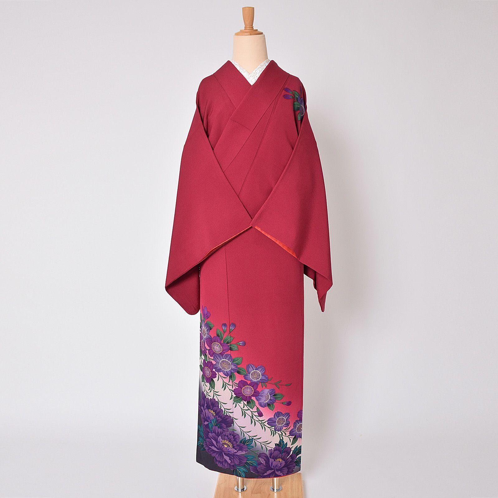 中古品】「赤紫 ぼかしに紫の花」訪問着 単品 袷 正絹【メール便不可