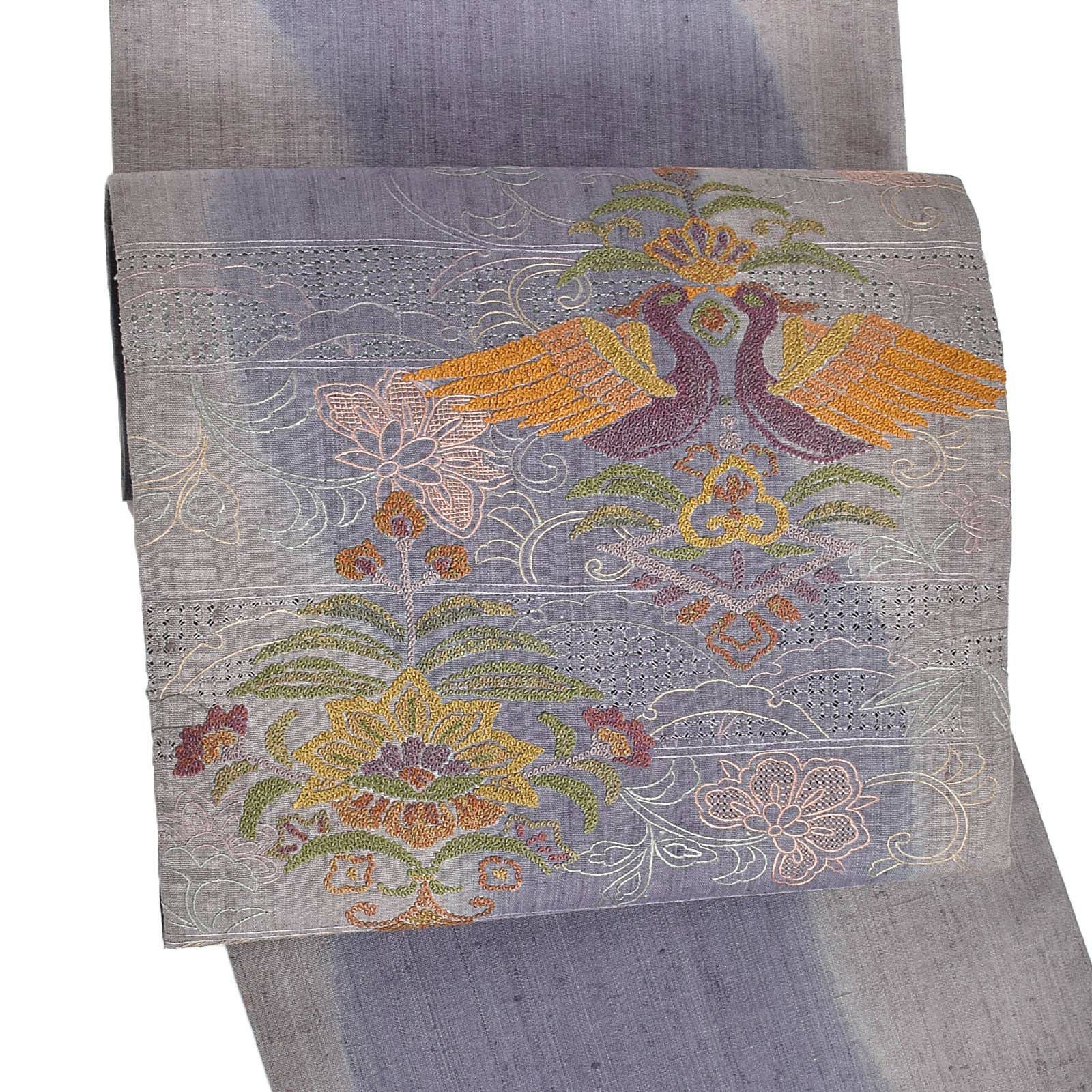 【新古品】「汕頭刺繍　鼠色に紫流し　四友と花喰鳥」仕立て上がり 袋帯 お太鼓柄