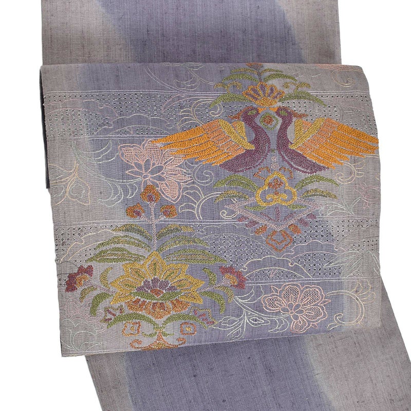 【新古品】「汕頭刺繍　鼠色に紫流し　四友と花喰鳥」仕立て上がり 袋帯 お太鼓柄