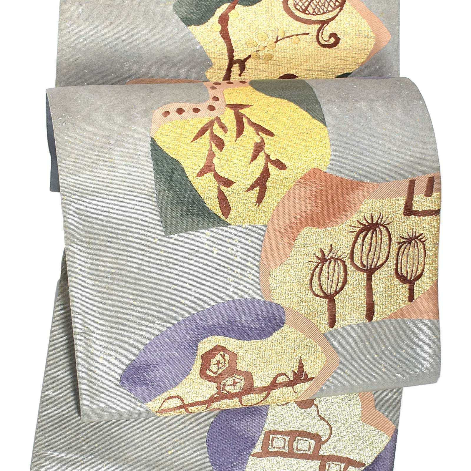 【新古品】「グレー　砂子箔　民謡柄」仕立て上がり 袋帯 全通柄